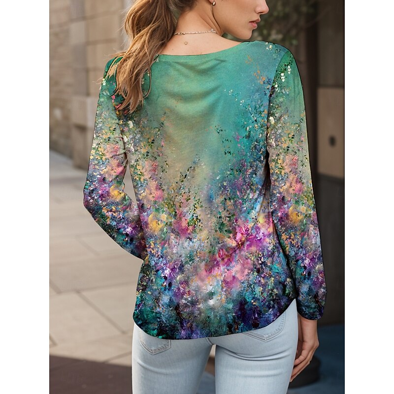 Women's T shirt Crew Neck Long Sleeve Tunic Floral Graphic Abstract Vintage Stylish Classic  Round Neck Regular Tops Daily Weekend Print Yellow Red Blue Purple Green Spring Fall2