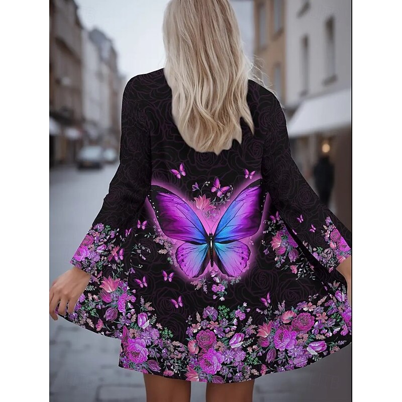 Women's Coat Warm Lightweight Print Fashion Butterfly Casual Regular Collarless Regular Fit Long Sleeve Outerwear Black White Beige Spring Fall