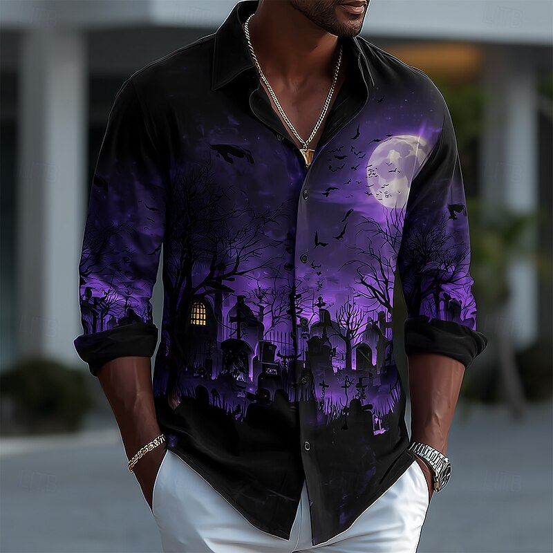 Men's Spooky Moon Bat Cemetery Shirt Button Up Shirt Casual Dress Shirt Long Sleeve Dark Gothic Style Holiday Streetwear Summer Spring Turndown 3D Print Collared Shirts Black