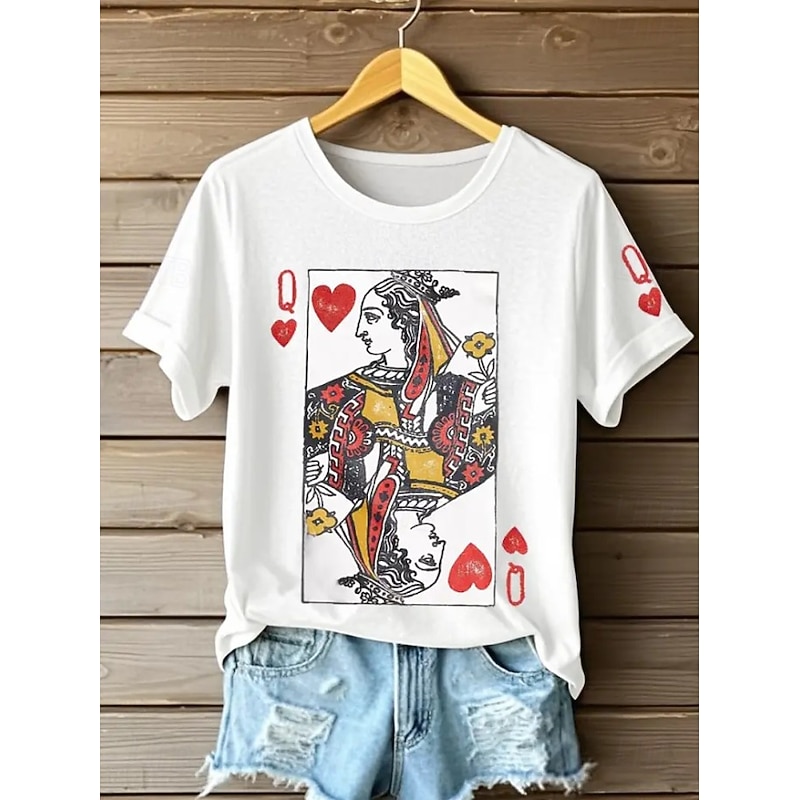 Women's Poker Queen of Hearts T Shirt Graphic Letter Vintage Stylish Classic Short Sleeve Crew Neck Round Neck Regular Tops Daily Weekend Print Black White Pink Blue Purple Summer Spring