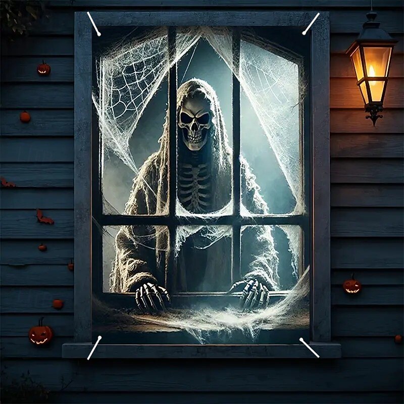 Halloween Window Curtain Grim Reaper Peeking Through Window, Horror Door Cover, Window cover, Wall Tapestry for Spooky 2025 Halloween Decoration4