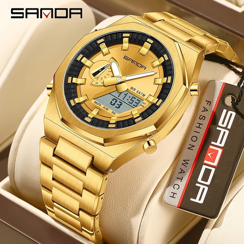 SANDA Women Men Digital Watch Large Dial Outdoor Sports Fashion Luminous Calendar Date Week Chronograph Stainless Steel Strap Watch