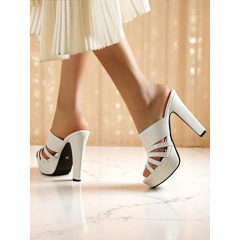 Women's White Platform Mule Heels - Strappy Open-Toe Slip-On High Heels for Nightlife Parties and Club Outfits2
