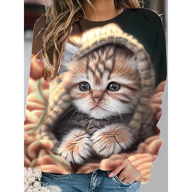 Women's Pullover Sweatshirt Hoodies Animal Cat Dog Fashion Casual Long Sleeve Crew Neck Round Neck Regular Tops Street Dailywear Casual Print Pink Brown Light Grey Spring Fall Winter