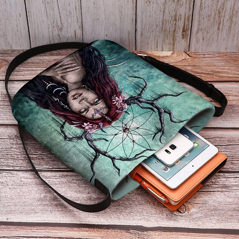 Women's Gothic Halloween Crossbody Bag  By Sarah Richter– Creepy Doll or Witch Print Shoulder Purse for Spooky Costume Parties and Festivals4