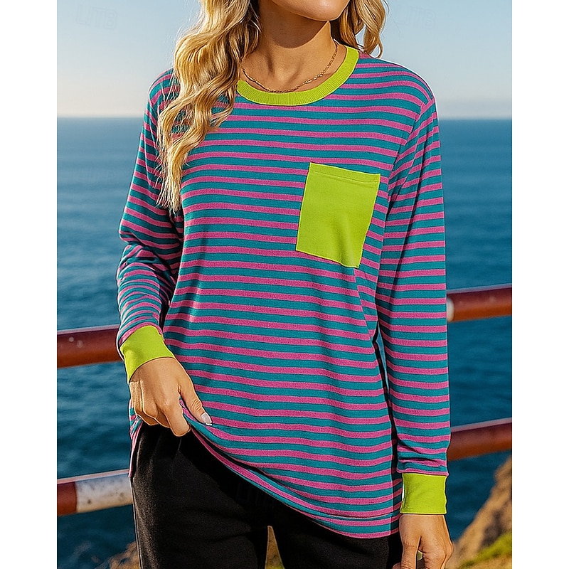 Women's Pullover Sweatshirt Casual Tops Pocket Long Sleeve Top Athleisure Fall Stripes Fashion Outdoor Jogging Running Sportswear Activewear Pink Red Royal Blue4