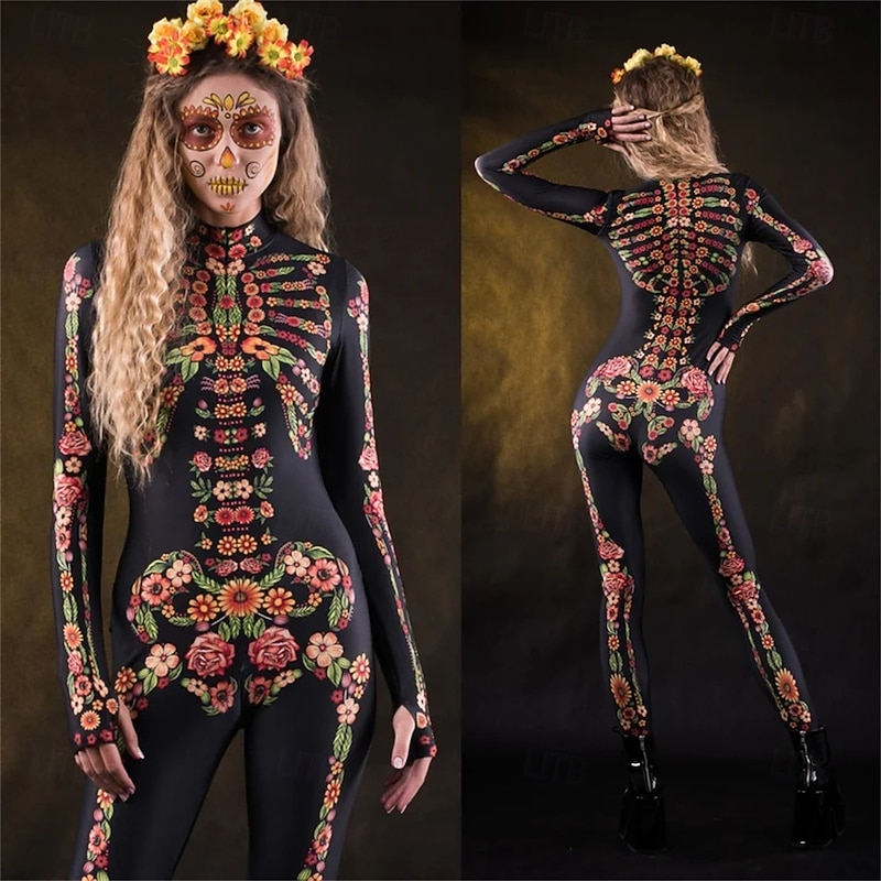 Skull Skeleton Sugar Skull Bodysuit Halloween Group Couples Costumes Full Body Catsuit Scary Costume Men's Women's Boys' Kid's Adults' Performance Party Club Halloween Carnival Day of the Dead Easy2