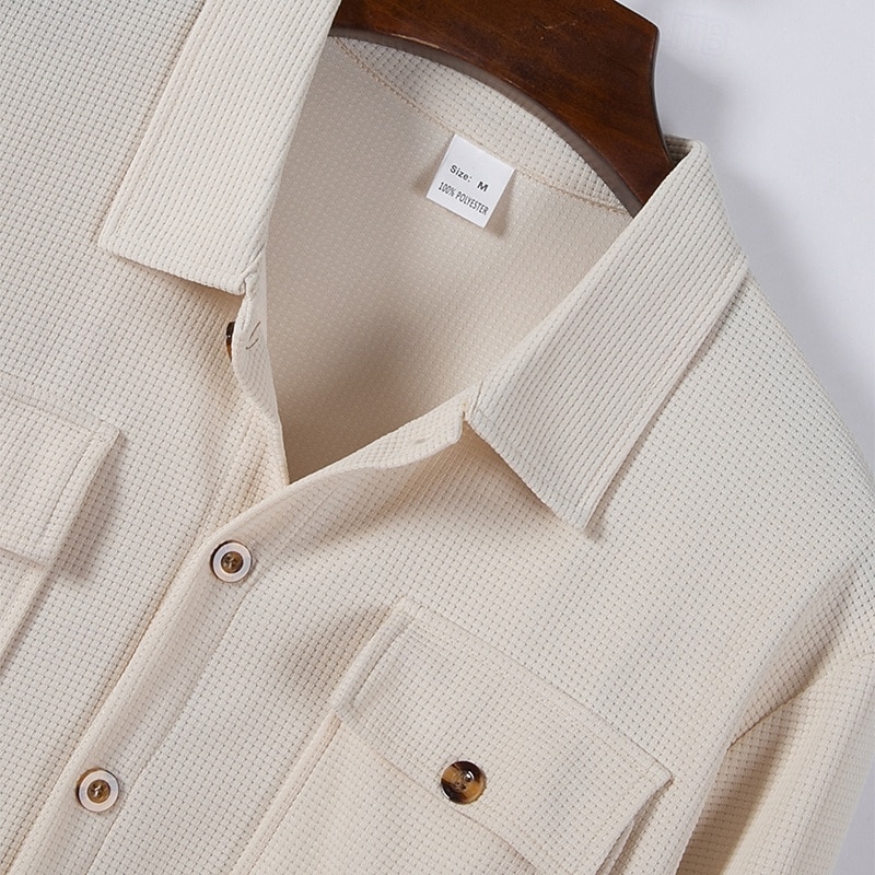 Men's Lightweight Jacket Waffle Jacket Shirt Jacket Casual Jacket Vacation Daily Breathable Pocket Spring Fall Plain Fashion Classic Lapel Regular Black White Wine Dark Green Khaki Jacket3