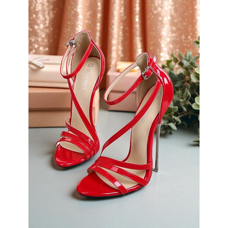 Women's Red Patent PU Strappy Sandals - Stiletto High Heels with Ankle Strap for Nightlife, Clubbing and Party Looks4