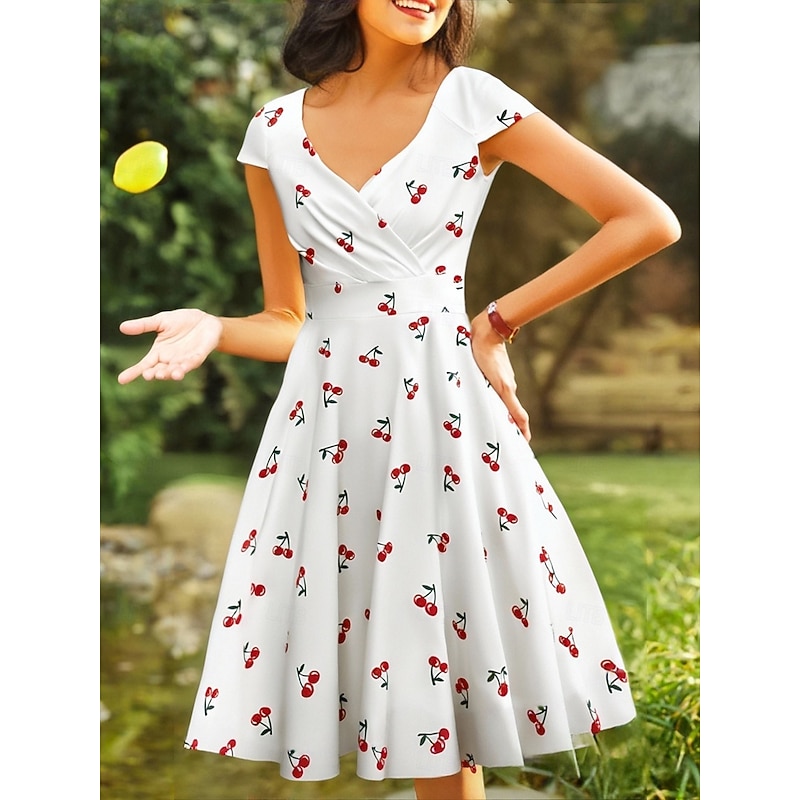 Retro Vintage 1950s Rockabilly Knee Length Wrap Dress Swing Dress Flare Dress Normal Cap Sleeve Floral Print A-Line V Neck Fancy Dress Women's Carnival Valentine's Day Vacation Casual Daily Wear4
