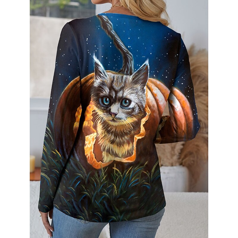 Dakota Daetwiler Halloween Women's T shirt Pumpkin Crew Neck Long Sleeve Tunic Graphic Animal Cat Vintage Stylish  Round Neck Regular Tops Daily Weekend Print Orange Fall Winter2