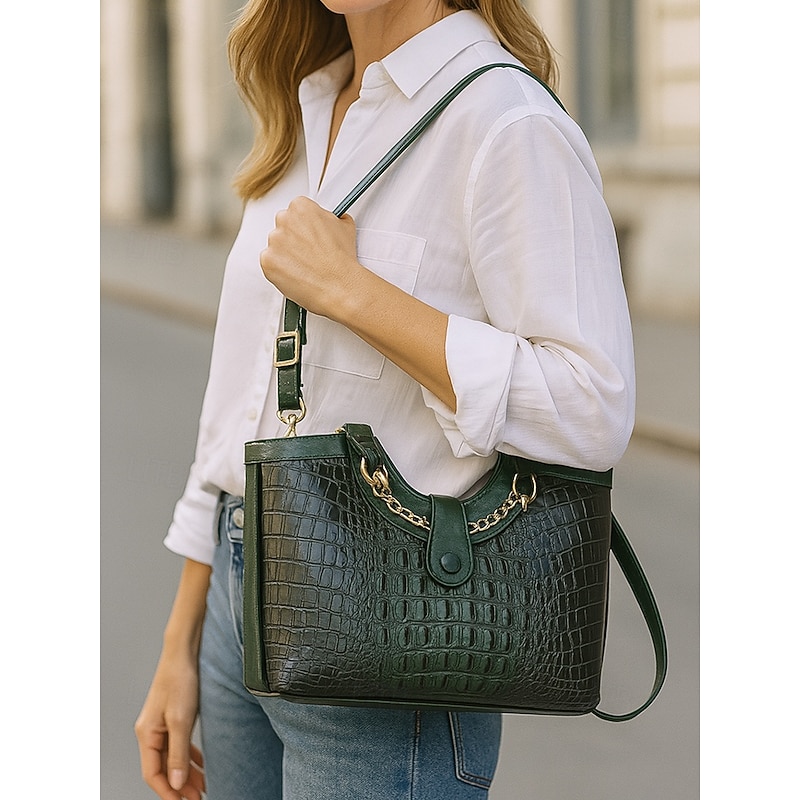 Women's 2-Piece Faux Leather Crocodile Tote Bag Set – Stylish Shoulder Handbag with Chain Detail and Wallet for Work, Travel and Daily Use2