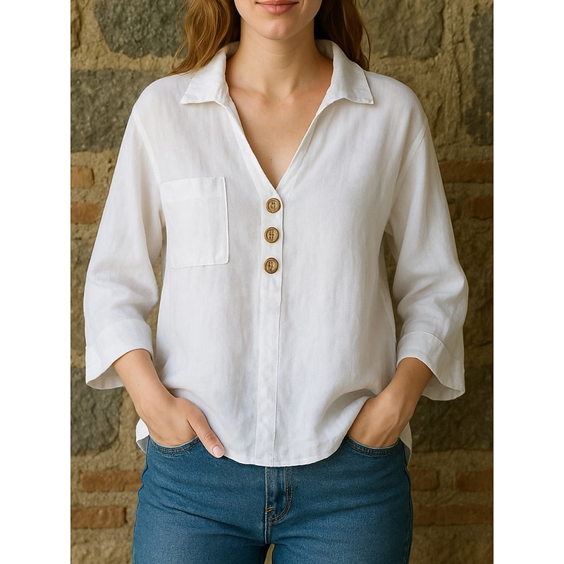 Women's Cotton Linen Shirts Plain Basic Modern 3/4 Length Sleeve Shirt Collar Regular Tops Daily Pocket Buttons White Yellow Pink Sky Blue Summer Spring Fall