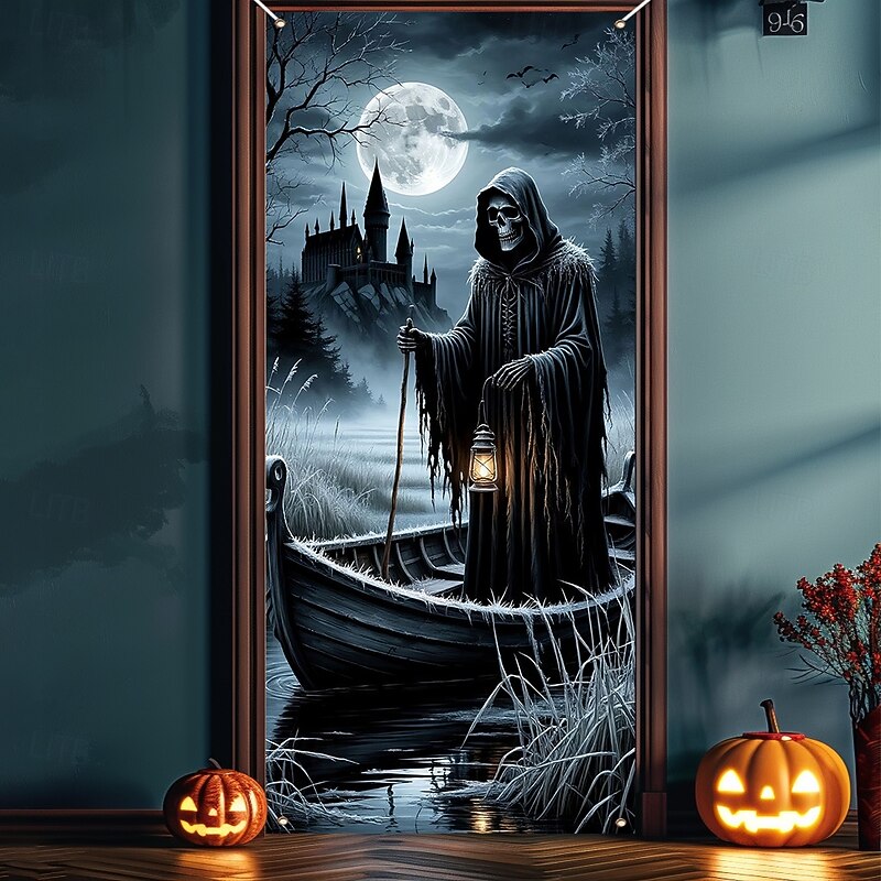 Halloween Door Covers Ferryman Door Tapestry Door Curtain Decoration Backdrop Door Banner for Front Door Farmhouse Holiday Party Indoor Outdoor Decor Supplies