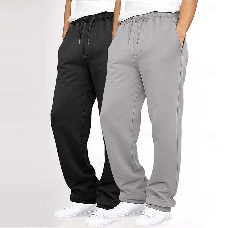 Men's Fleece Pants Sweatpants Trousers Straight Leg Sweatpants Elastic Waist Baggy Drawstring Plain Comfort Warm Full Length Outdoor Casual Daily Sports Fashion Black+Grey Black+Navy Blue2