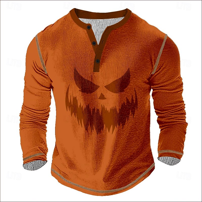 Men's Halloween Pumpkin Henley Shirt Waffle T Shirt Long Sleeve Vintage Daily Retro Vintage Sports Outdoor Casual Holiday Fall Spring & Summer All Seasons Dark Brown Black Orange Henley Henley T-Shirt