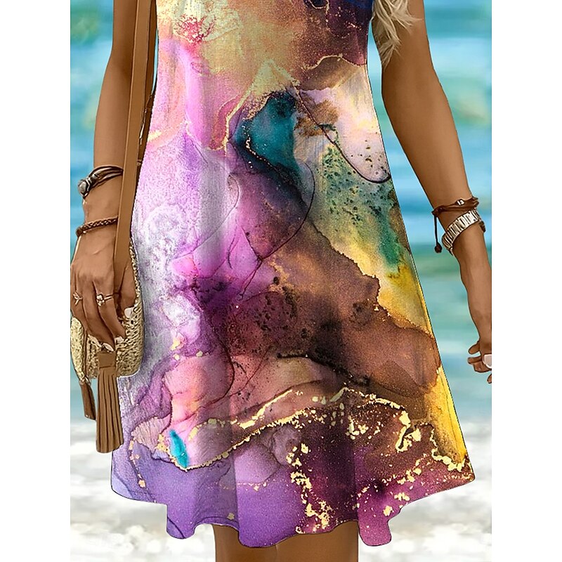 Women's Mini Dress Casual Dress Sundress A Line Dress Off The Shoulder Dress Vacation Casual Regular Fit Graphic Abstract Marble Sleeveless U Neck Scoop Neck Yellow Pink Blue Purple Summer Spring3