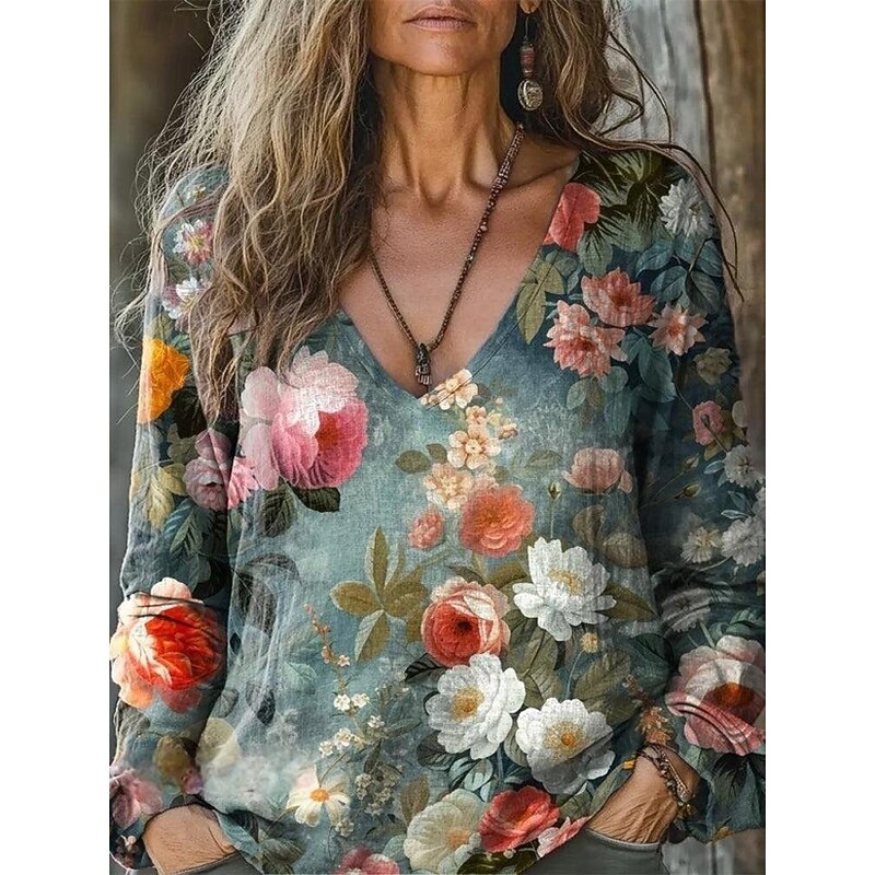 Women's Blouse Floral Daily Stylish Long Sleeve V Neck Regular Tops Daily Holiday Print Black White Navy Blue Royal Blue Blue Summer Spring Fall3