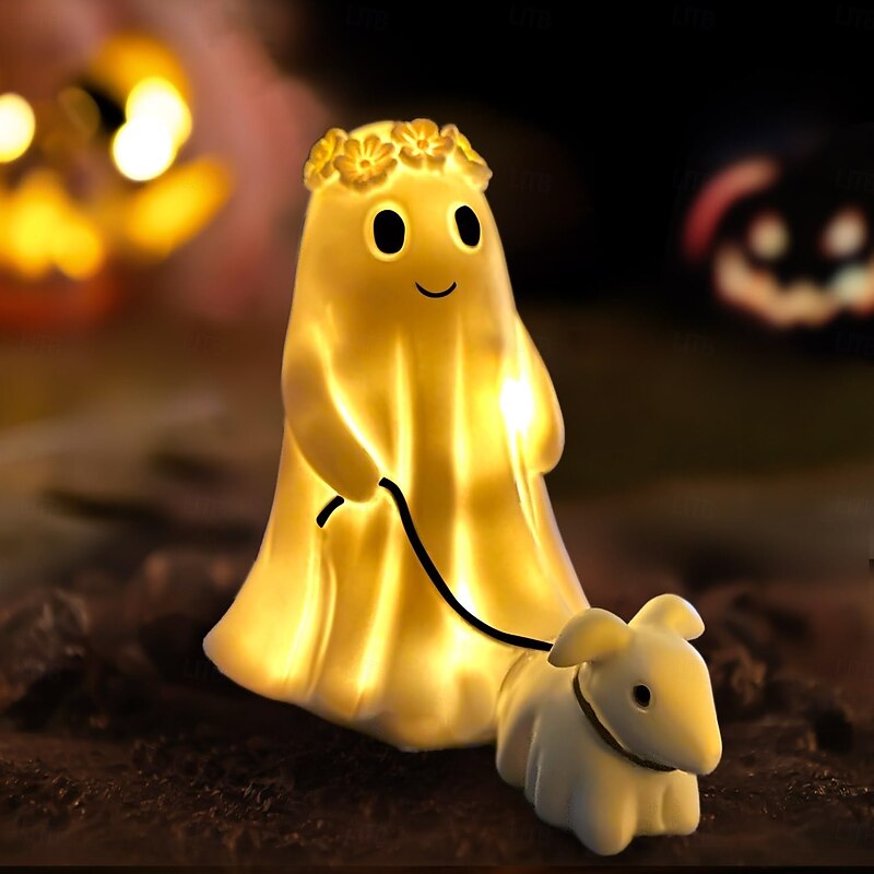 1 Pc Halloween 25cm Cute Ghost Leading Lamb USB Light Indoor and Outdoor Courtyard Bedroom Restaurant Atmosphere Decoration Resin Ornament Light3