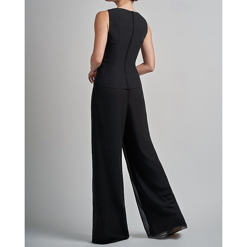 3 Piece Mother of the Bride Pantsuit Elegant Simple Luxurious Boat Neck Floor Length Chiffon Floral Corded Lace 3/4 Length Sleeve with Cascading Ruffles Jacket3