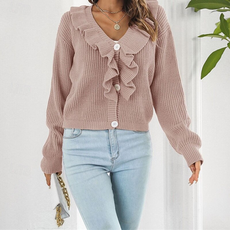 Women's Pullover Casual Solid Color Chunky V Neck Ruffle Knitted Long Sleeve Regular Tops Knit Daily Holiday Going out White Yellow Fall Winter2
