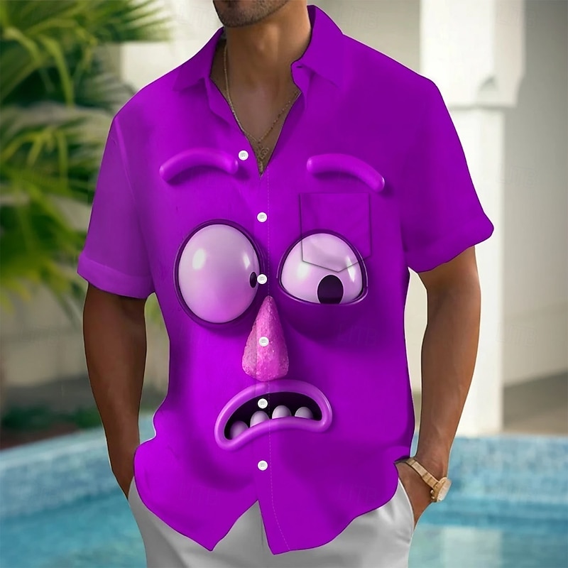 Men's Cartoon Funny Big Eyes Shirt Summer Shirt Button Up Shirt Short Sleeve Fashion Casual Outdoor Vacation Dailywear Summer Spring Turndown 3D Print Collared Shirts Front One Pocket Purple