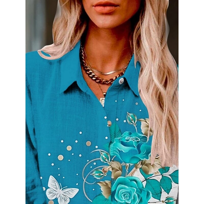 Women's Shirt Butterfly Color Gradient Active Daily Stylish Long Sleeve Shirt Collar Regular Tops Daily Holiday Buttons Print Blue Summer Spring Fall2