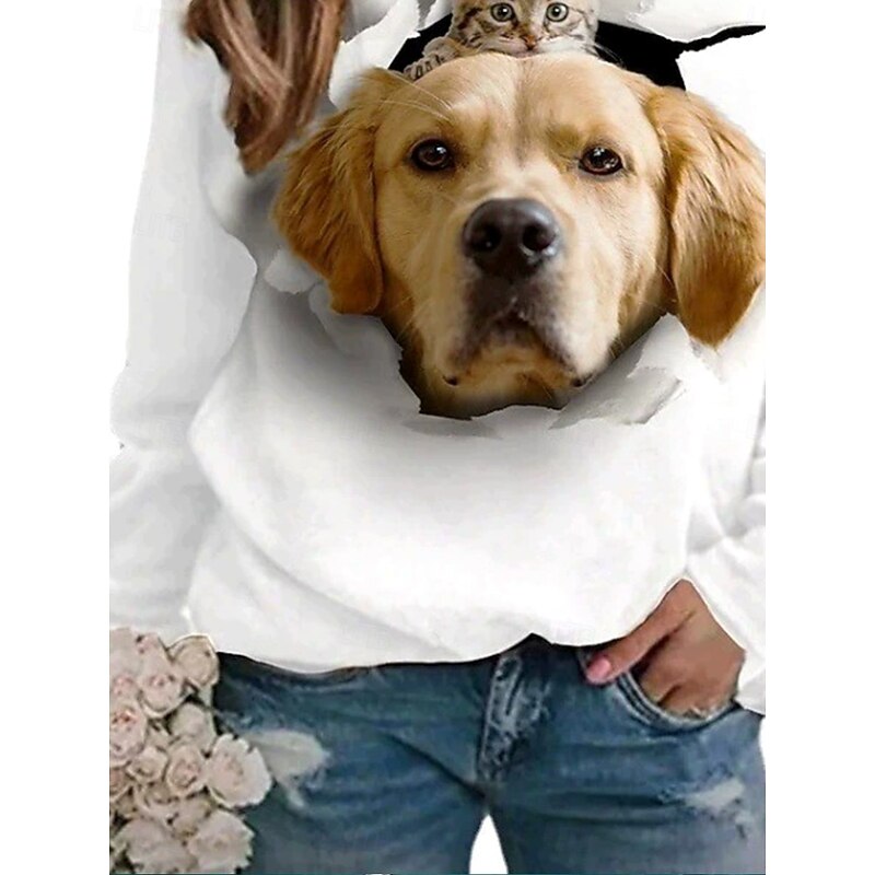 Women's Pullover Sweatshirt Hoodies Graphic Cat Dog Fashion Casual Long Sleeve Crew Neck Regular Tops Street Dailywear Print White Spring Fall Winter3