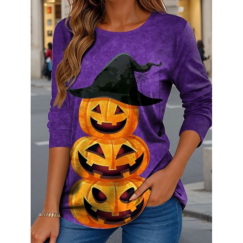 Halloween Women's T shirt Pumpkin Crew Neck Long Sleeve Tunic Graphic Vintage Stylish Classic Regular Tops Daily Print Blue Purple Green Khaki Spring Fall