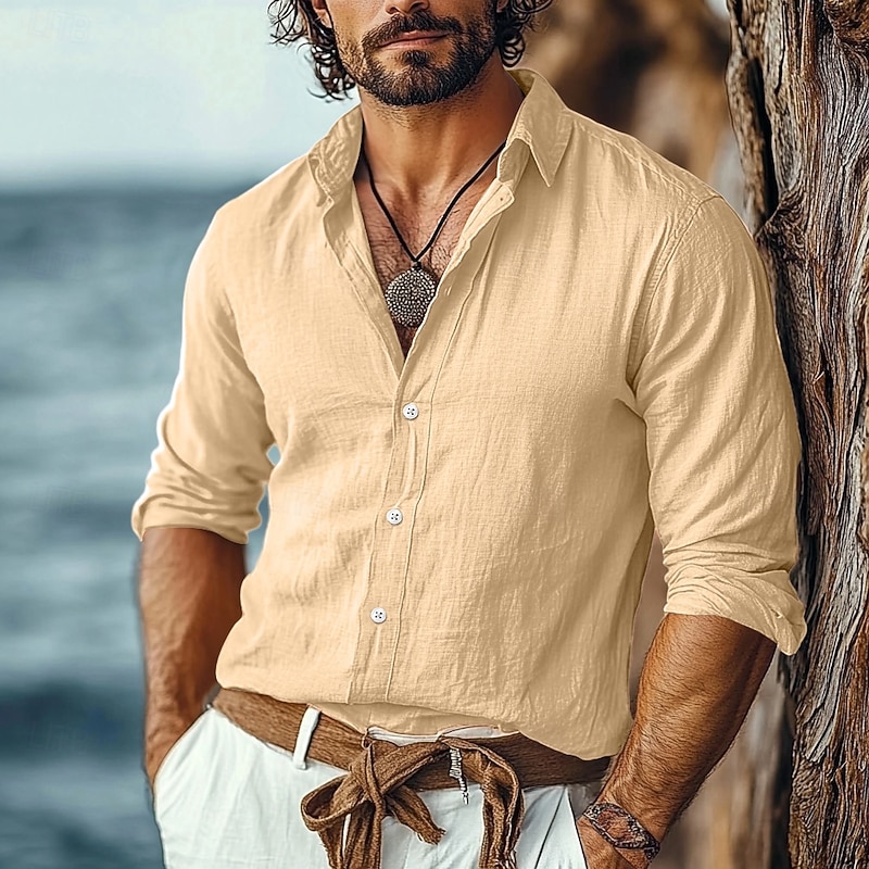 Men's Shirt Linen Shirt Summer Shirt Beach Wear Button Up Shirt Plain Vacation Casual Black White Khaki Gray Long Sleeve Turndown Summer Spring Clothing Apparel3