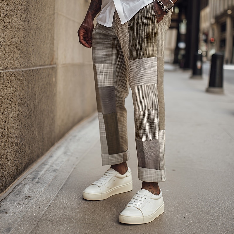 Men's Geometric Color Block Dress Pants Trousers Suit Pants Mid Waist Vintage Retro Outdoor Vacation Regular Fit Flat-Front Straight Leg Pants with Pockets Summer Spring Fall 3D Print Wine khaki