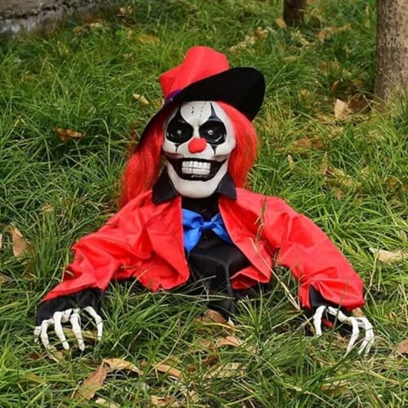 Scary Zombie Clown Halloween Decoration, with Light Up Eyes Sculpture Decorations Perfect for Halloween Party Outdoor Yard Garden Party Indoor Outdoor Decor