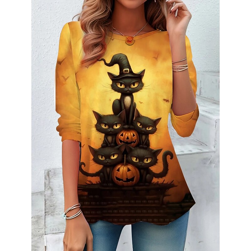 Halloween Women's T shirt Pumpkin Crew Neck Long Sleeve Tunic Graphic Casual Regular Tops Daily Weekend Print White Blue Orange Fall3