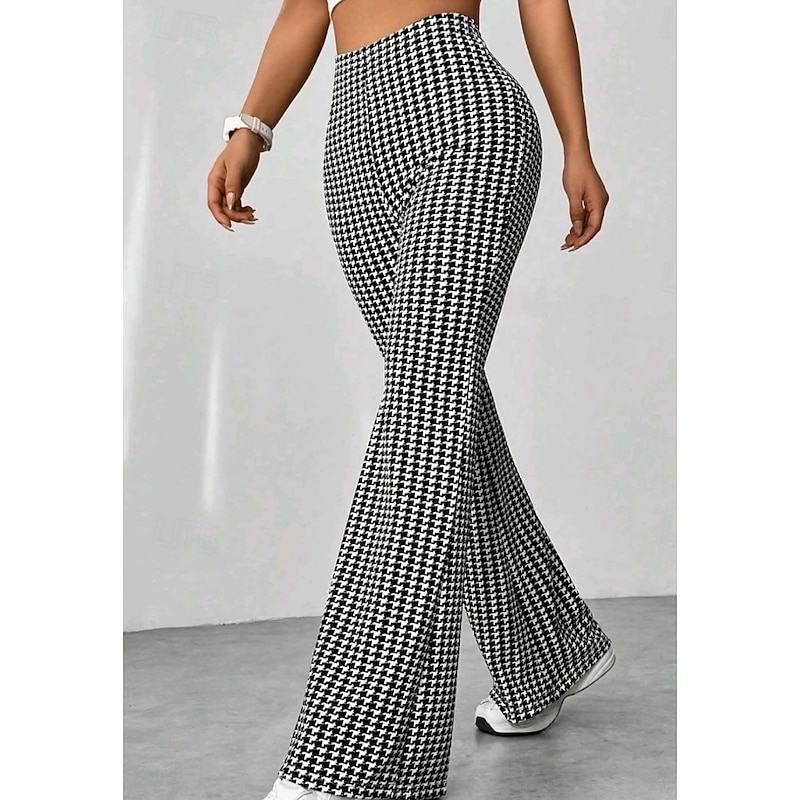 Women's Asian Size Flared Pants Streetwear Casual / Sporty Full Length High Rise Grid / Plaid High Cut Outdoor Micro-elastic Street Casual Daily Black and White Spring, Fall, Winter, Summer
