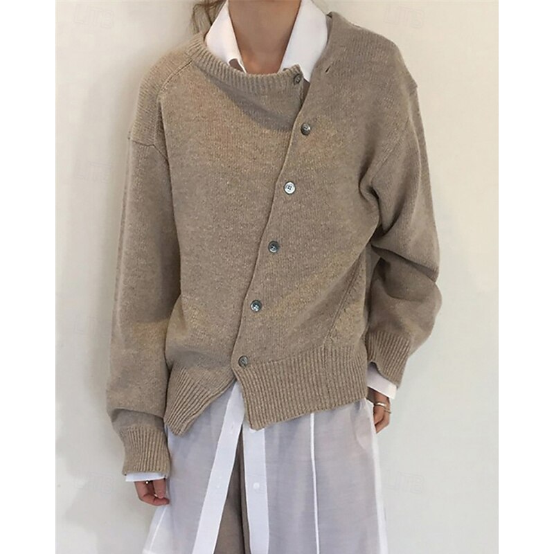 Women's Sweater Cardigan Fashion Streetwear Daily Solid Color Ribbed Open Front Knitted Asymmetric Hem Long Sleeve Regular Tops Knit Holiday Going out Weekend Black White Fall Winter