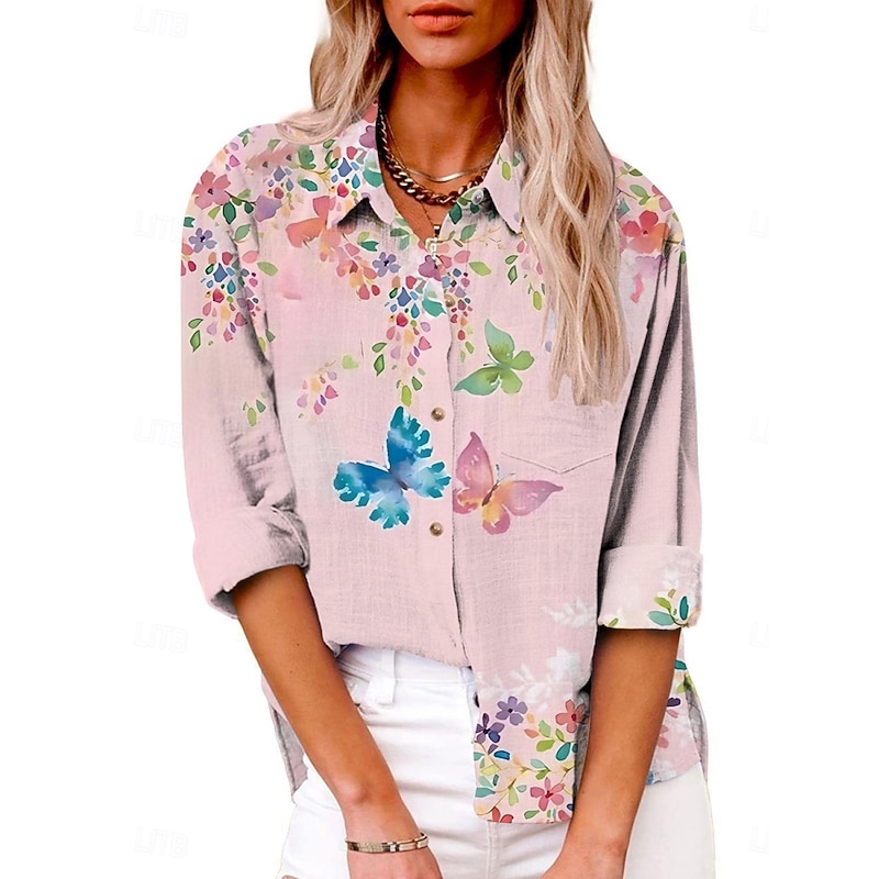 Women's Shirt Butterfly Active Daily Stylish Long Sleeve Shirt Collar Regular Tops Daily Holiday Buttons Print Black Pink Purple Summer Spring Fall2
