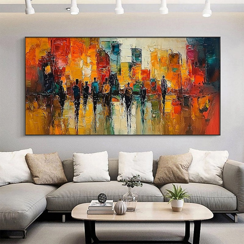 Handmade Oil Painting Canvas Wall Art Decoration Abstract Urban Street Scene Painting Figure Painting for Home Decor Rolled Frameless Unstretched Painting