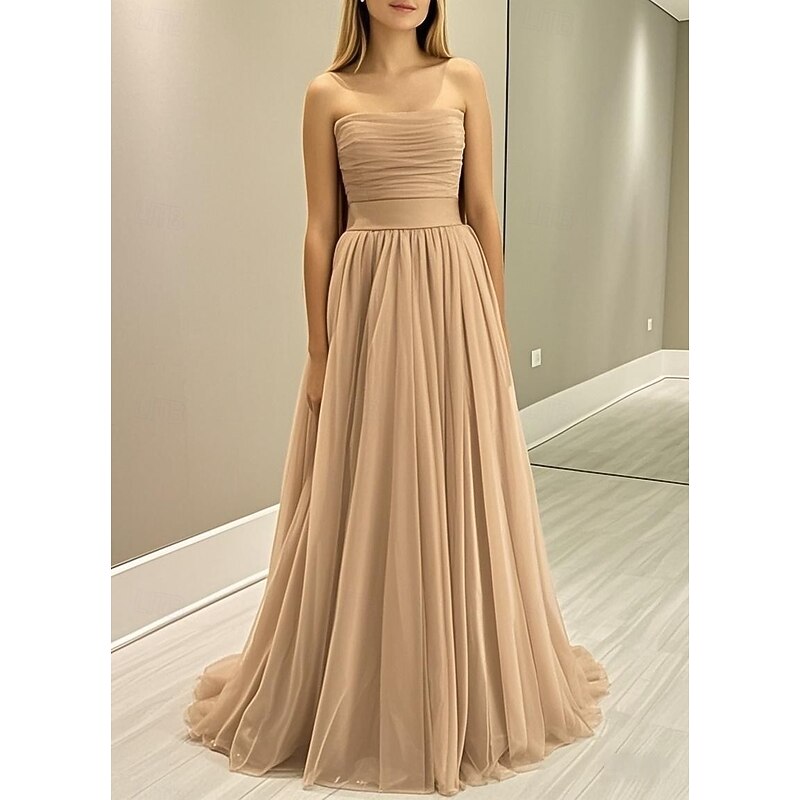 A-Line Wedding Guest Dresses Elegant Formal Dress Wedding Guest Engagement Floor Length Sleeveless Strapless Tulle with Bow(s) Pleats Ruched 20254