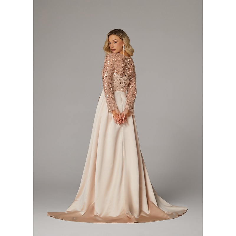 Mermaid Sequin Evening Gown RuchedSatin Dress Long Sleeves Masquerade Floor Length Illusion Neck with Pearls Overskirt dress3