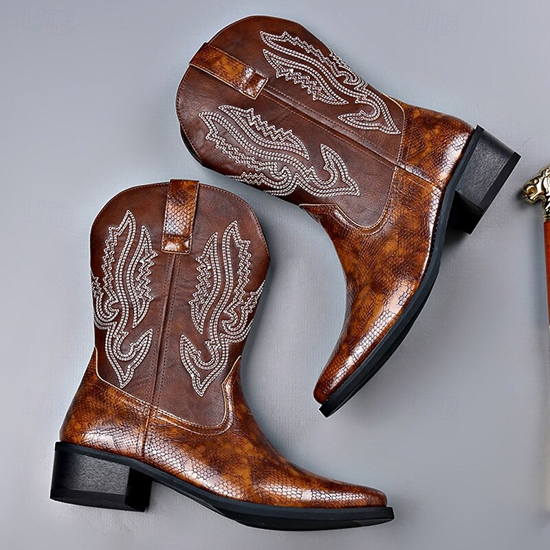 Men's Faux Leather Embroidered Western Cowboy Boots – Brown Square Toe Rodeo Boots for Farm, Festival and Casual Outfits3
