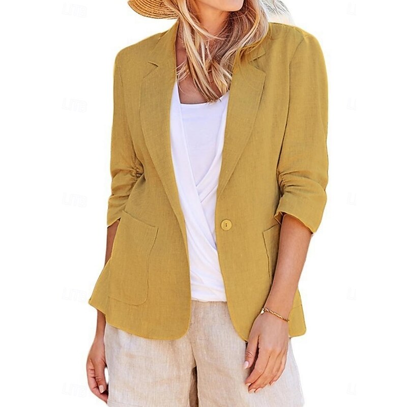 Women's Blazer Comfortable Breathable Pocket Casual Plain Office Work Street Casual Single Breasted Regular Turndown Regular Fit Long Sleeve Outerwear Black White Yellow Summer Spring4