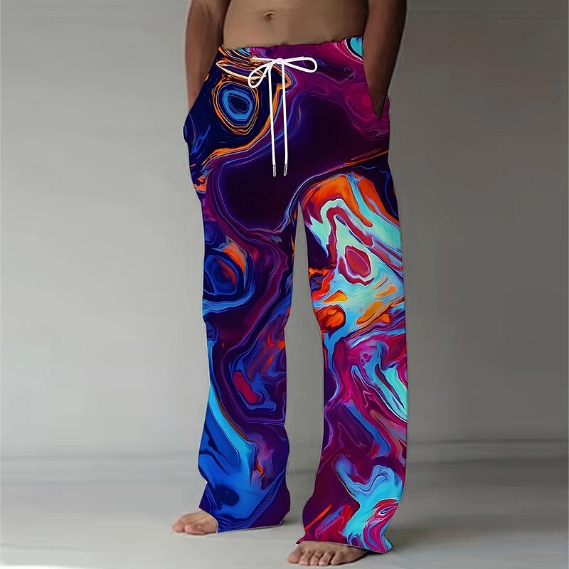 Men's Colorful Smoke Trousers Baggy Pants Casual Pants Mid Waist Fashion Casual Holiday Streetwear Elastic Drawstring Waist Linen-Like Pants with Pockets Summer Spring 3D Print Red Blue Purple4