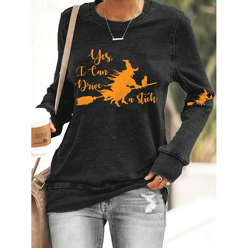 Halloween Women's Pullover Sweatshirt Witch Graphic Casual Long Sleeve Crew Neck Regular Tops Street Casual Holiday Print Black White Blue Purple Orange Spring Fall Winter2