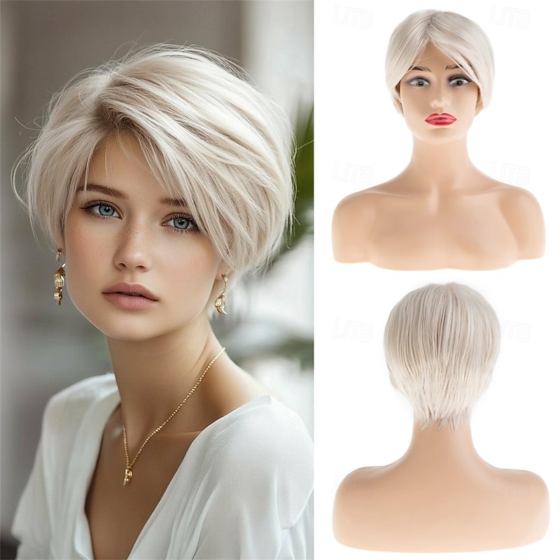 Sallcks Short Blonde Wig for White Women Pixie Layered Natural Looking Synthetic Hair Wig for Daily Party Halloween