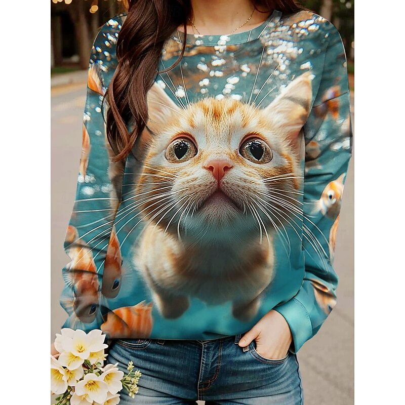 Women's Sweatshirts Graphic Animal Casual Long Sleeve Crew Neck Regular Tops Street Dailywear Print Yellow Blue Orange Green Fall Winter3