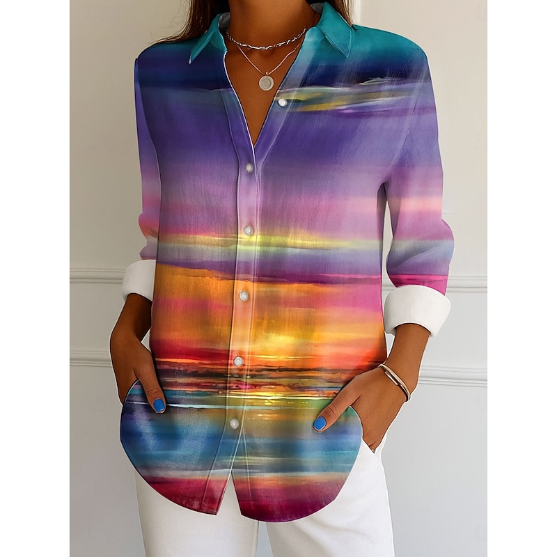 Women's Shirt Button Down Tunic Shirt Collar Long Sleeve Ombre Graphic Elegant Vintage Tropical Regular Tops Work Daily s Print Yellow Pink Blue Purple Spring3