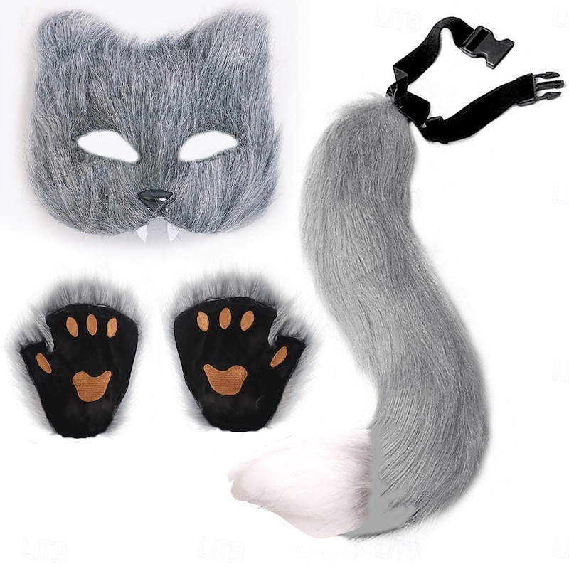 Realistic Fox Mask, Gloves, and Furry Tail Set – Halloween Cosplay Accessories, Fox Animal Costume for Party, Role Play, and Stage Performance3