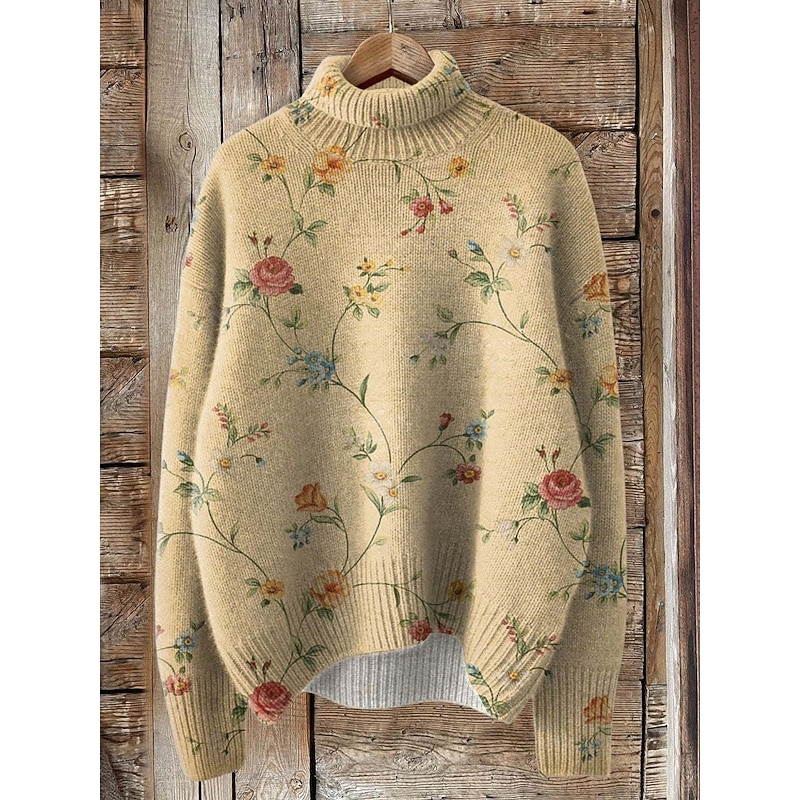 Women's Sweater Cardigan Elegant Fashion Streetwear Floral Turtleneck Floral Buttons Knitted Long Sleeve Regular Tops Knit Outdoor Daily Weekend Yellow Navy Blue Fall Winter2