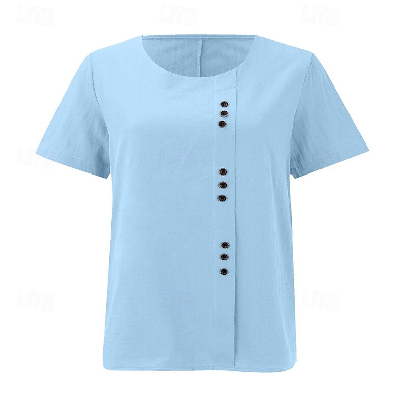Women's Texture Blouse T Shirt Plain Fashion Modern Short Sleeve Crew Neck Regular Tops Daily Buttons White Army Green Light Blue Summer2