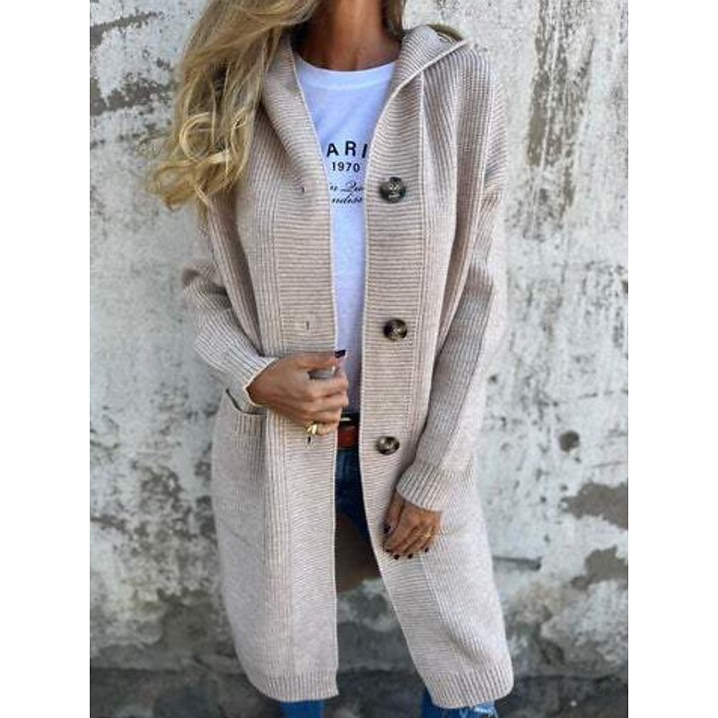 Women's Winter Coat Warm Comfortable Pocket Knit Fashion Daily Plain Outdoor Casual Daily Single Breasted Long Hooded Regular Fit Long Sleeve Outerwear Black Yellow Gray Spring Fall